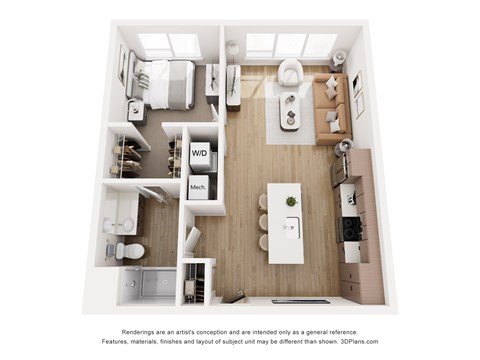Floor plan for 1 bed, 1 bath, 710 sqft